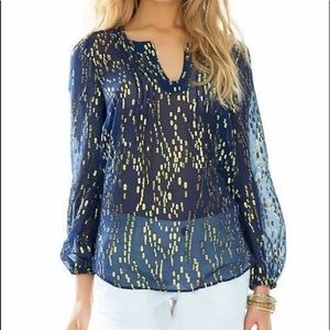New Lilly Pulitzer COLBY TOP True Navy Bubble Clip GOLD Dot Jacquard Blouse XS